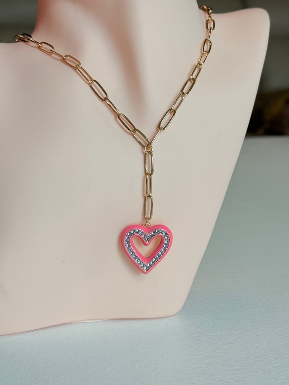 Gold Chain Necklace with Pink Heart Pendant - Picture 3 of 9